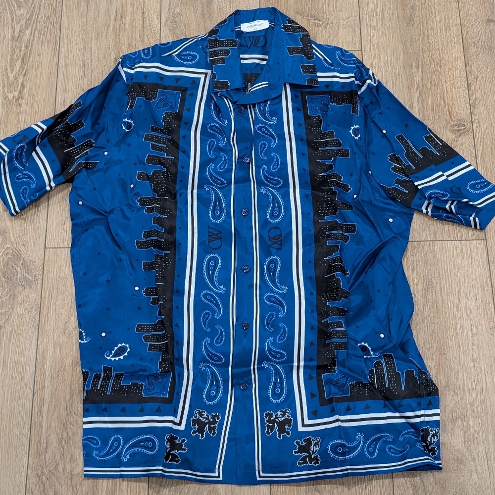 $850 Mens Off-White Bandana SS Satin Button Up Bowling Shirt Blue/Multi Medium